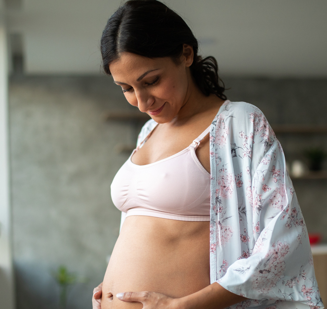 Woman wearing maternity bra
