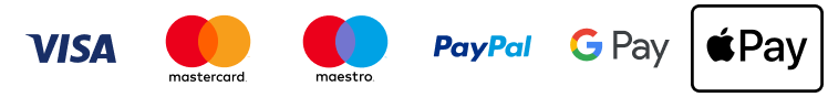 Visa, Mastercard, Maestro, Google Pay, Apple Pay, PayPal and Direct Debit available