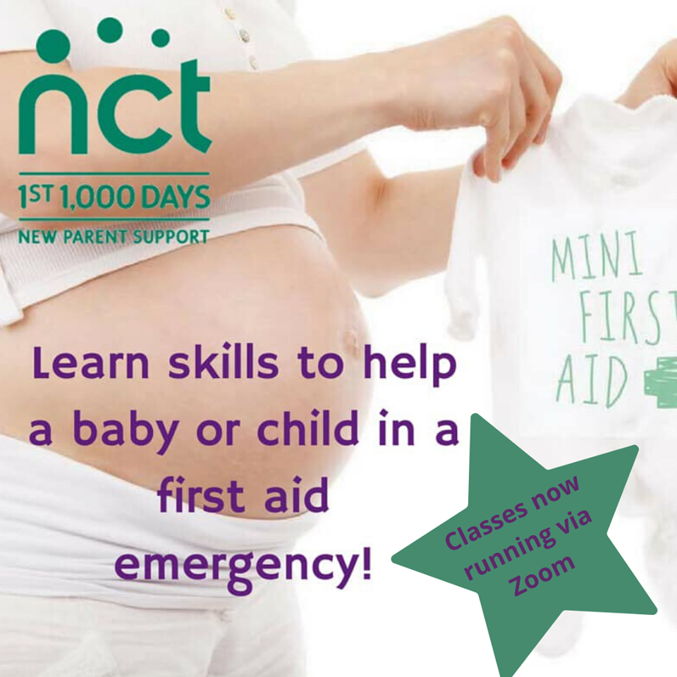 image of pregnant woman holding a "mini first aid" baby vest. Text reads learn skills to help a baby or child in a first aid emergency- classes now running via Zoom. The NCT logo is top left