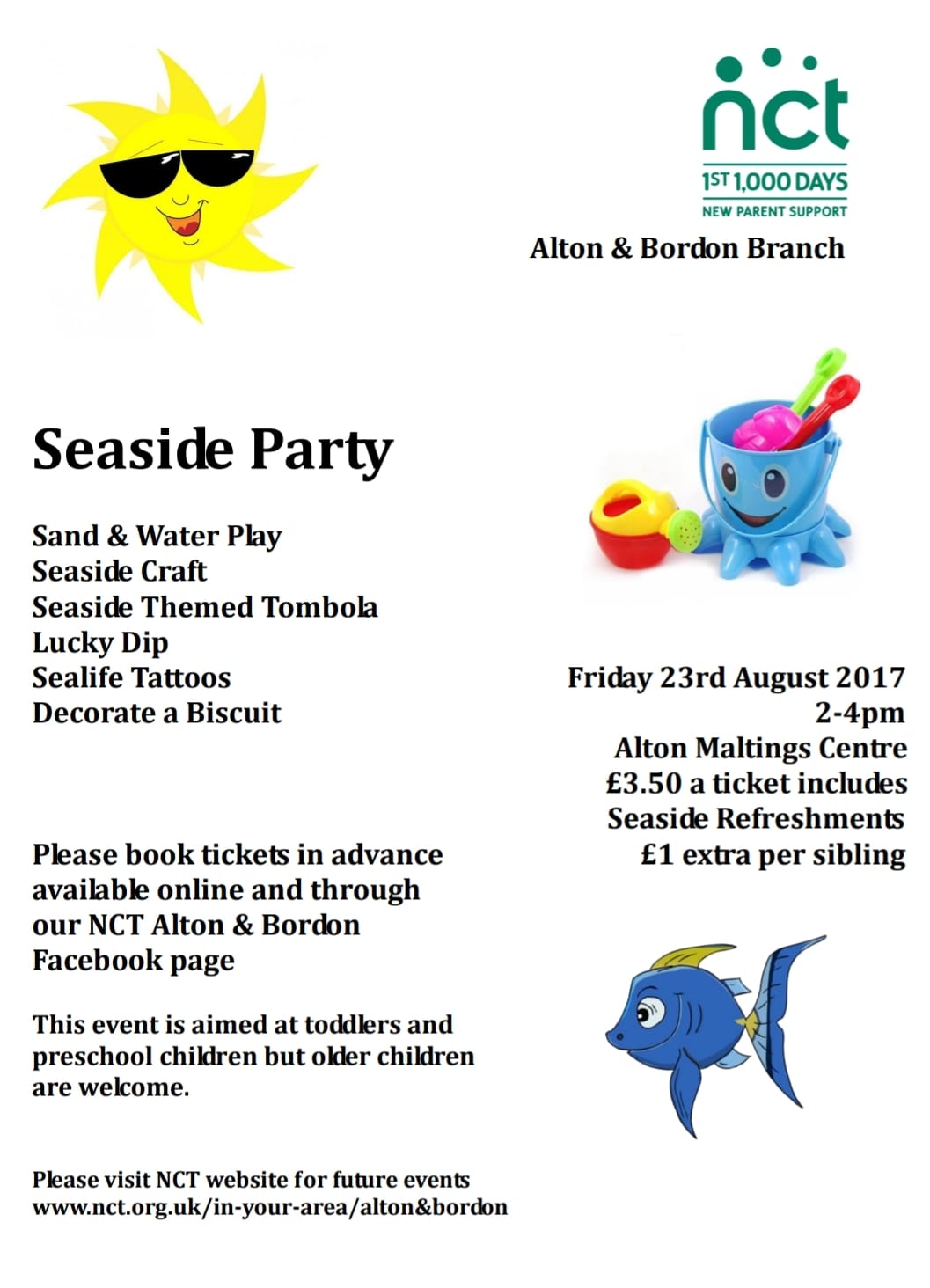 Summer Seaside Party - join us for activities such as sand & water play, seaside craft, seaside tombola, lucky dip etc. Please PREBOOK tickets - £3.50 per child, then just £1 extra per sibling. 