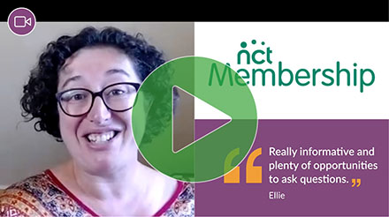 Image of NCT practitioner smiling, text NCT Membership and green play button superimposed on this