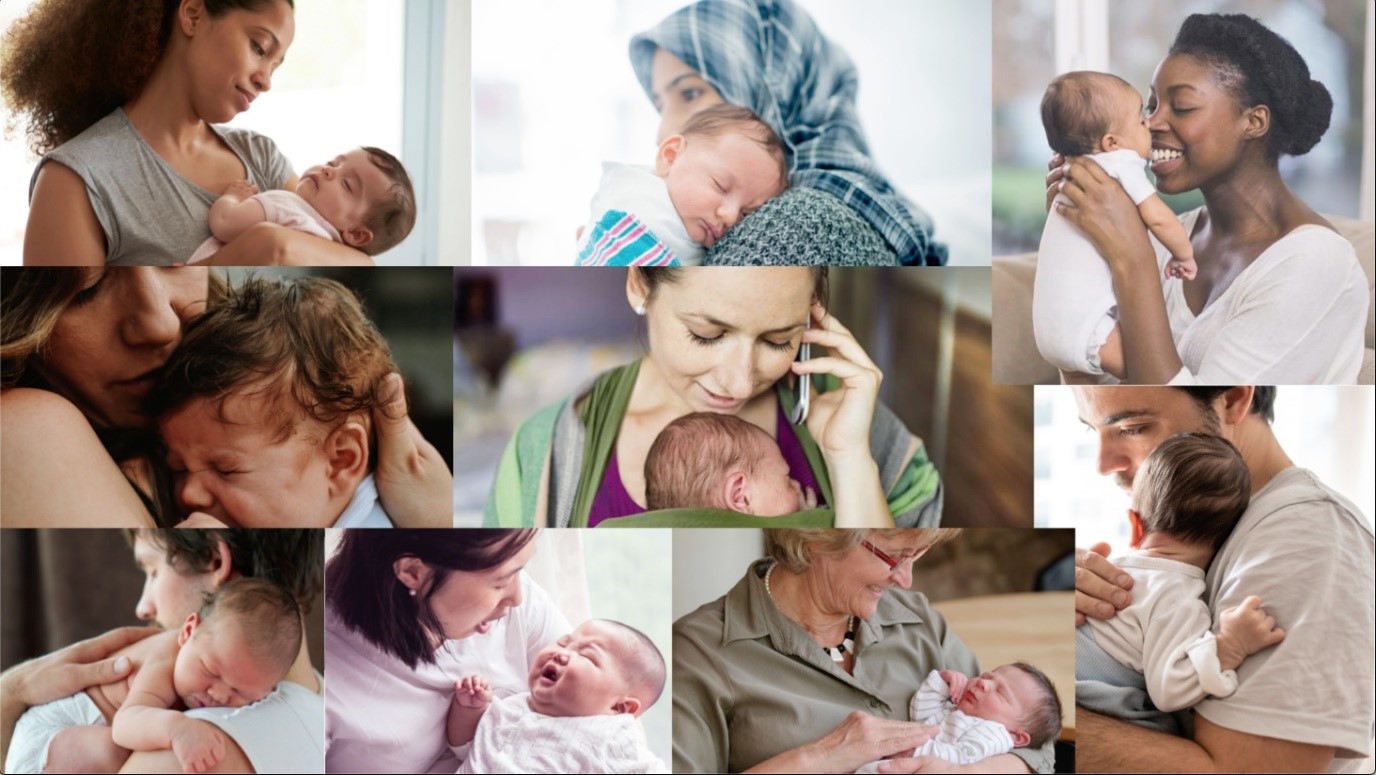 Montage of nine people holding newborn babies, heads and shoulders and faces of dads and grandparents of different ethnicities are depicted