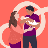 Illustration of parents holding a baby