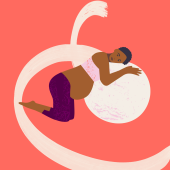 Illustration of a pregnant woman laying on a yoga ball