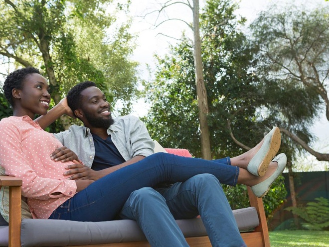 pregnant couple thinking