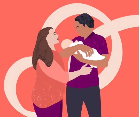 Illustration of parents holding a baby