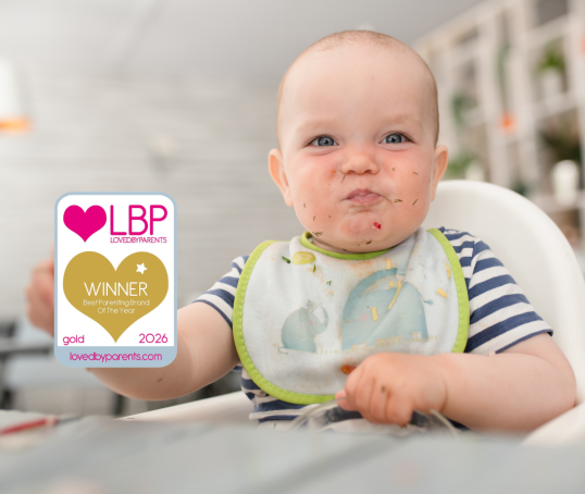 Baby with bib in a highchair