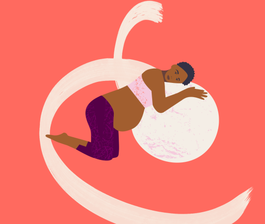 Illustration of a pregnant woman laying on a yoga ball