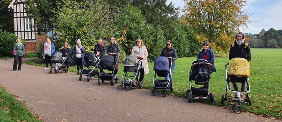 Image of mums and babies during walk at Bedford Park