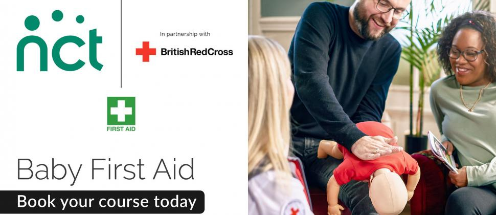 First aid course header showing parent practicing first aid technique on doll.