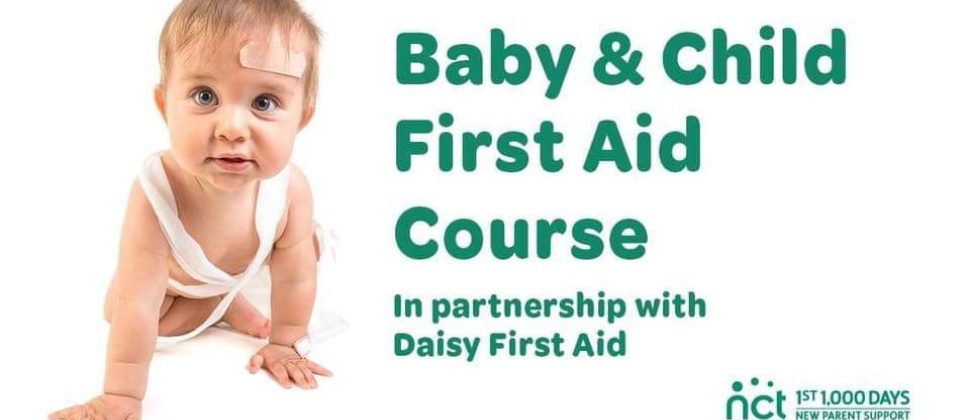 crawling baby and the words Baby and Child First aid course