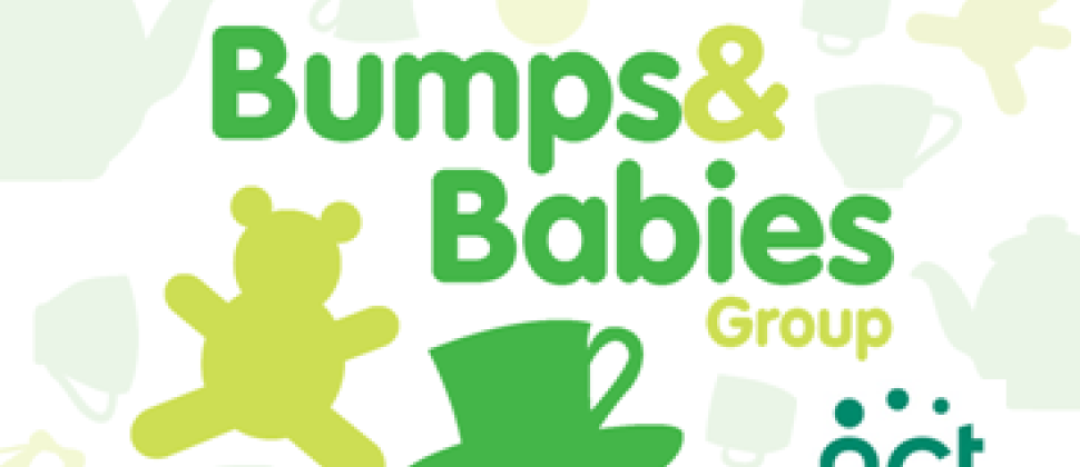 "Bumps and Babies" logo- light green teddy bear and dark green tea cup.