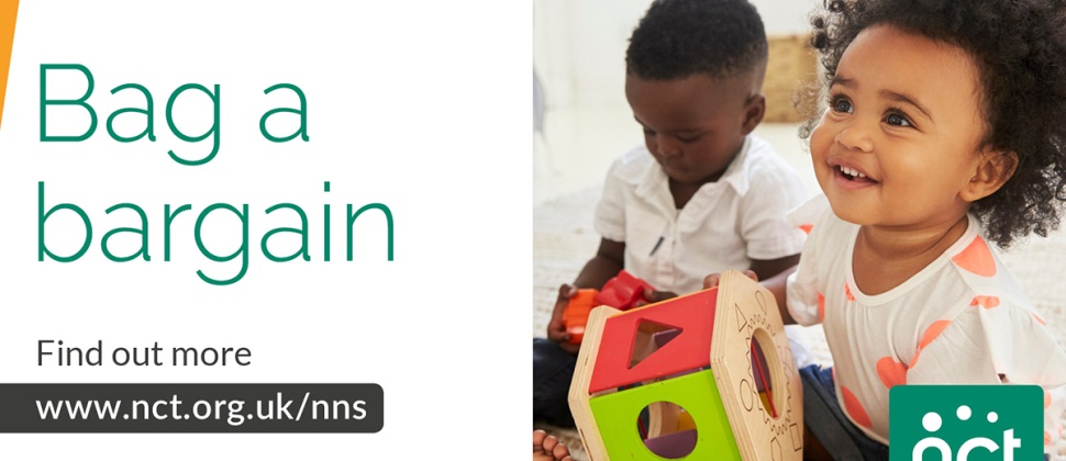 to the left: bag a bargain, to the right: picture of two babies are playing on the floor