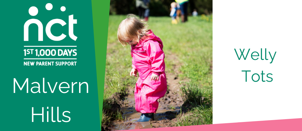 Welly Tots. A toddler in a pink coat jumping in a puddle. 